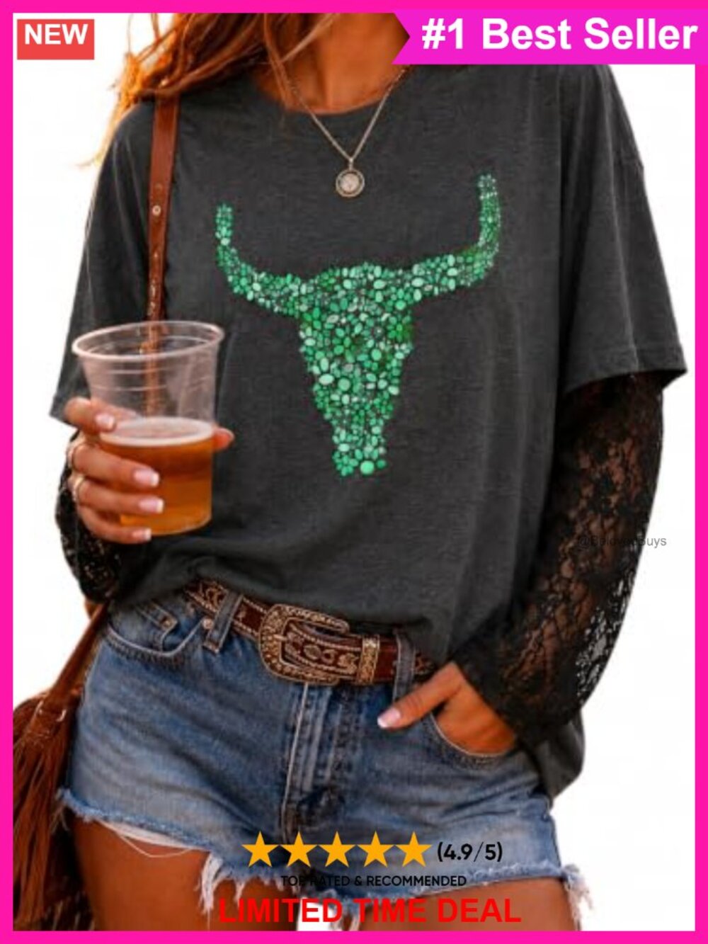 Oversized Western Cowgirl Graphic Tee Lace Sleeve Country Rodeo Shirt